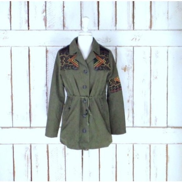 90s vintage army green tribal embroidered drawstring utility jacket - Picture 1 of 9